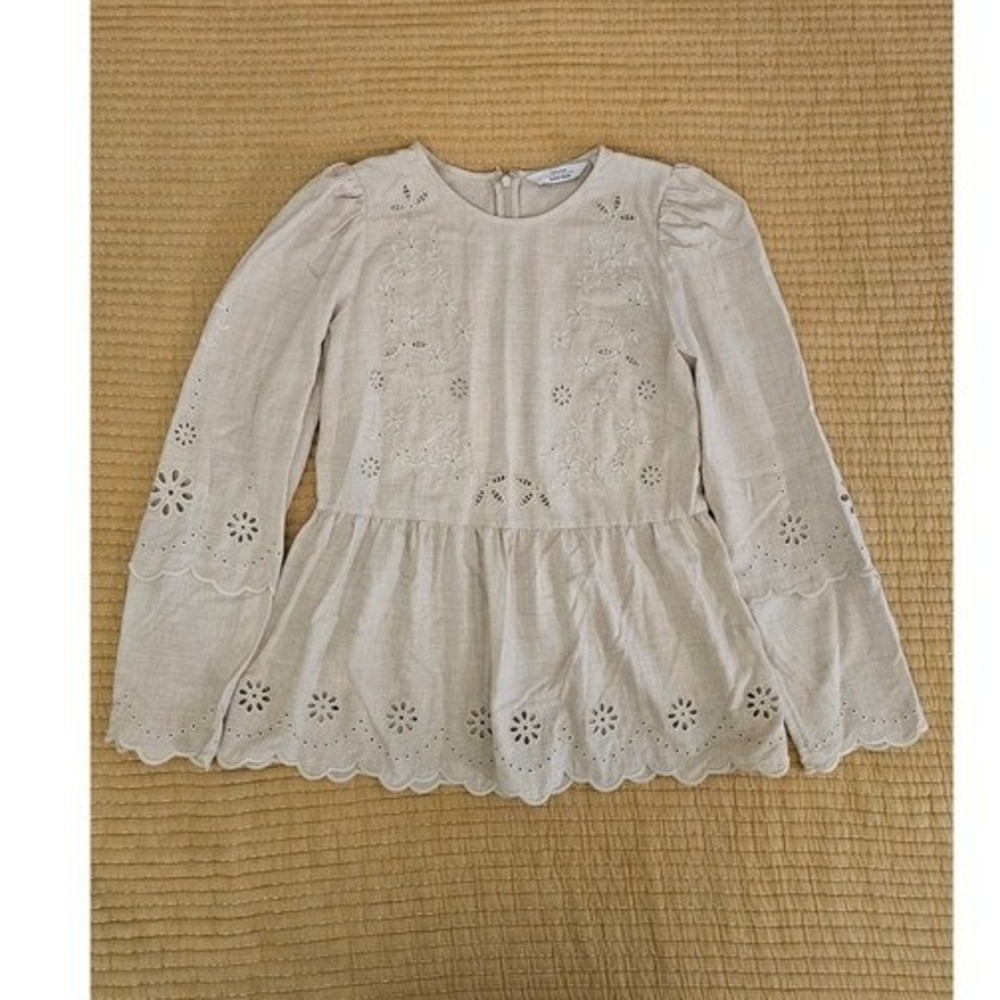 & Other Stories Paris Atelier Eyelet Embroidered Peplum Blouse Beige Cottagecore